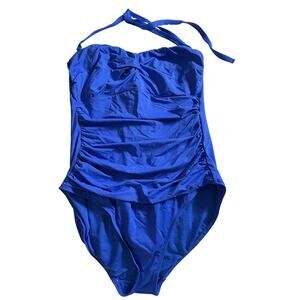 Lauren Ralph Lauren One Piece Swimsuit 16 Blue Ruched Halter Tummy Control Plus